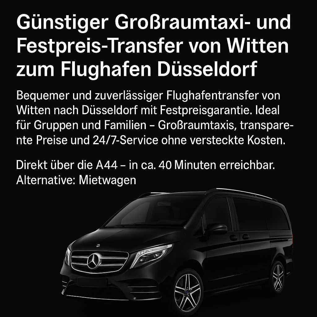 Zuverlässiger taxi und Festpreis-Transfer von Witten (58452) zum Flughafen Düsseldorf
